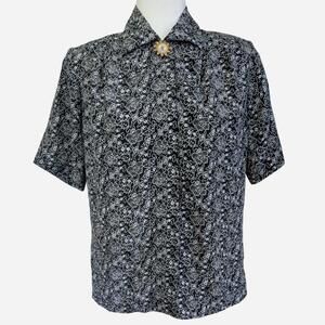 80s Black White Floral Print Blouse W Large Sunflower Button Sz 4